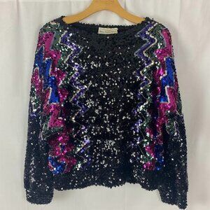 Vintage 80's Disco Style Chevron Sequin Multicolor Top Women's Medium.